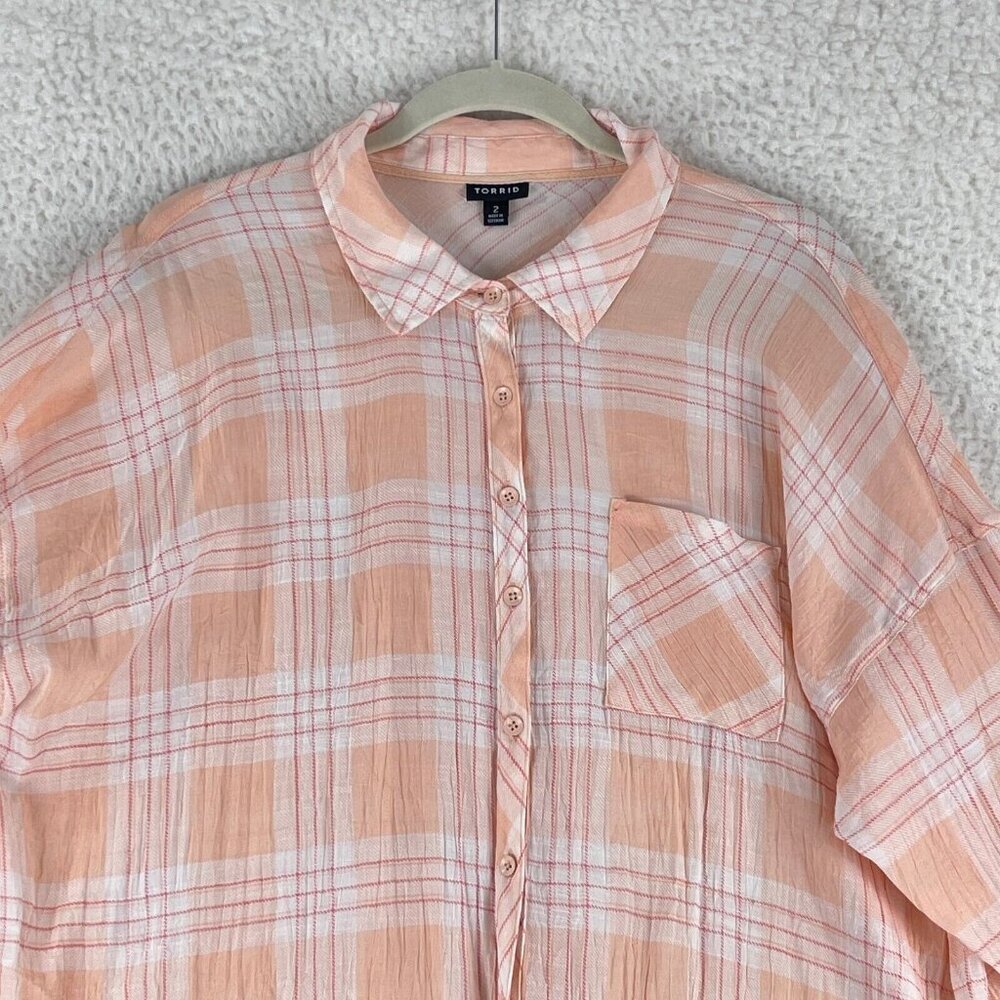 Torrid Plaid Pink Lindsay Drop Shoulder Button-Down Shirt Womens Plus Size 2X - Picture 2 of 16